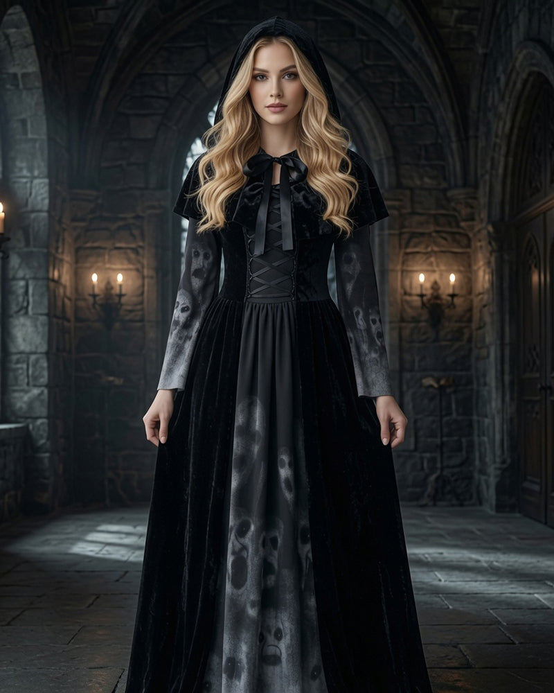 Gothic Witch Long Sleeve Maxi Dress with Cape and Tie Belt 3-Piece Set