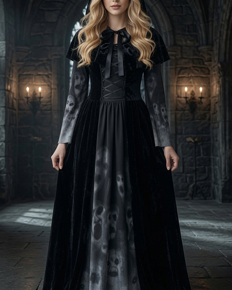 Gothic Witch Long Sleeve Maxi Dress with Cape and Tie Belt 3-Piece Set