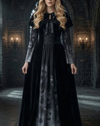 Gothic Witch Long Sleeve Maxi Dress with Cape and Tie Belt 3-Piece Set