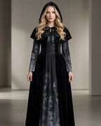 Gothic Witch Long Sleeve Maxi Dress with Cape and Tie Belt 3-Piece Set