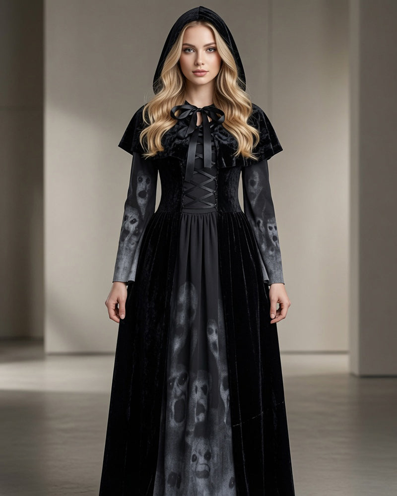 Gothic Witch Long Sleeve Maxi Dress with Cape and Tie Belt 3-Piece Set