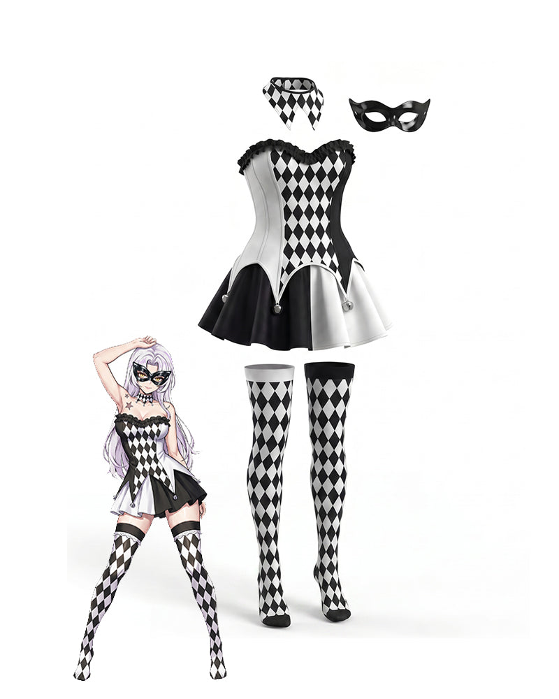 Harlequin Cosplay Costume Dress with Stockings Choker and Mask Set