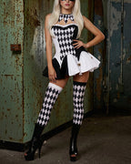 Harlequin Cosplay Costume Dress with Stockings Choker and Mask Set