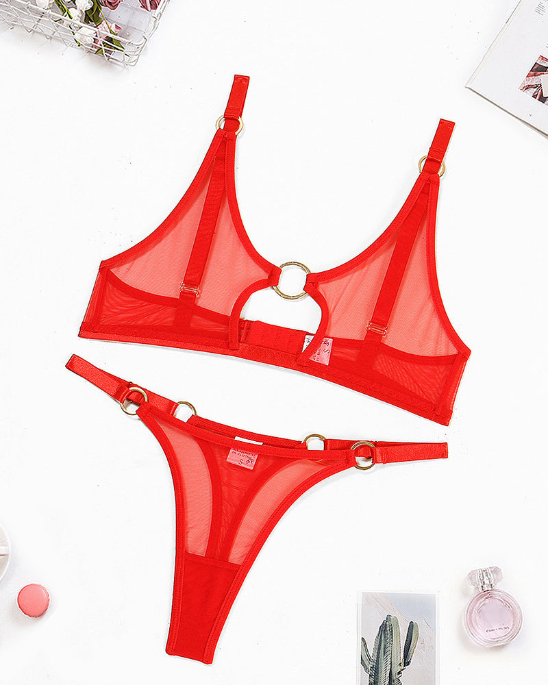 2 Piece Sheer Mesh Lingerie Set Bra and Panty O-Ring