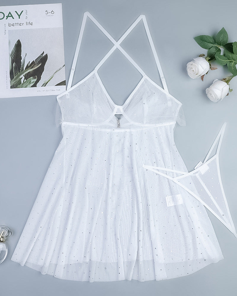 Rhinestone Halter Babydoll Lingerie Sheer Glitter Mesh Dress