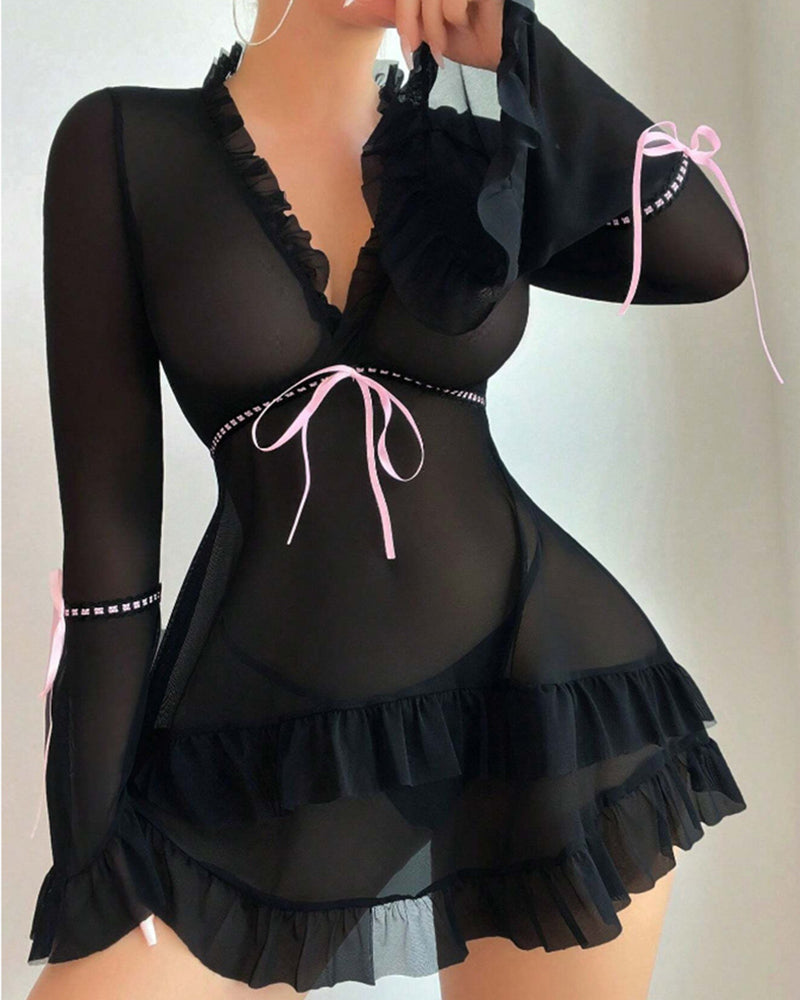 Ruffle Long Sleeve Sheer Mesh Chemise Babydoll Lingerie