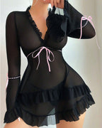 Ruffle Long Sleeve Sheer Mesh Chemise Babydoll Lingerie