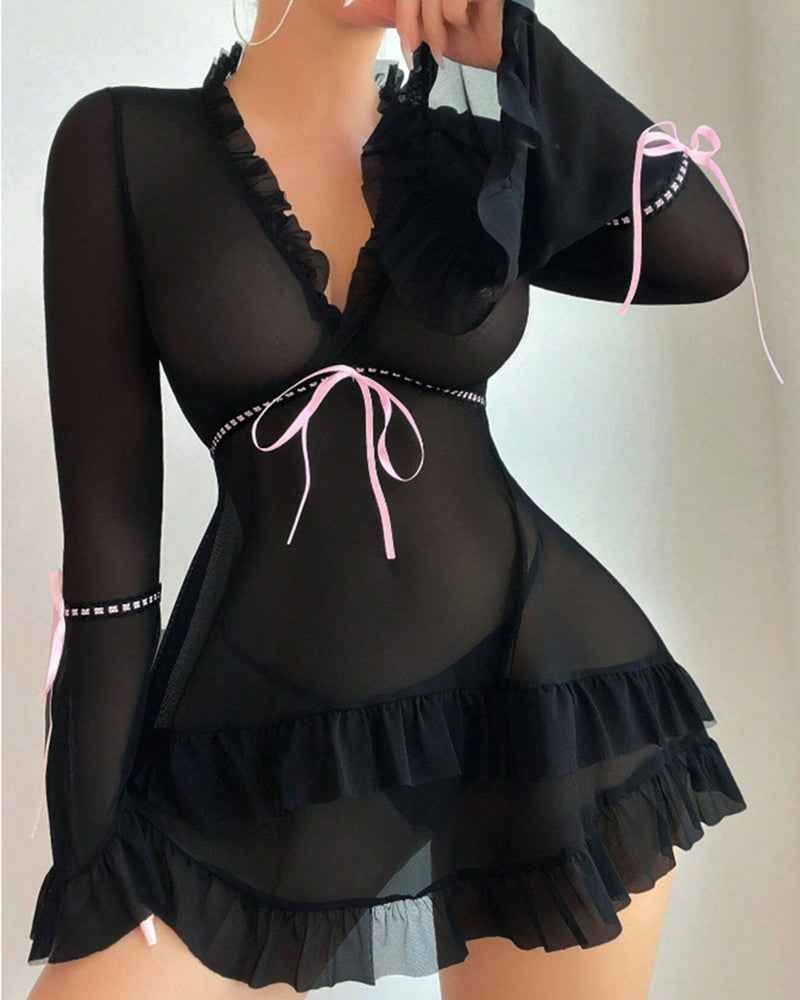 Ruffle Long Sleeve Sheer Mesh Chemise Babydoll Lingerie