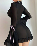 Ruffle Long Sleeve Sheer Mesh Chemise Babydoll Lingerie