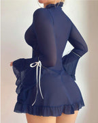 Ruffle Long Sleeve Sheer Mesh Chemise Babydoll Lingerie