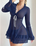 Ruffle Long Sleeve Sheer Mesh Chemise Babydoll Lingerie
