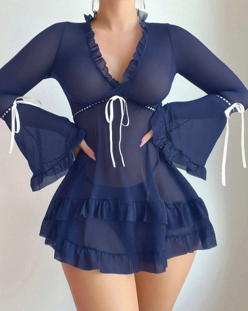 Ruffle Long Sleeve Sheer Mesh Chemise Babydoll Lingerie