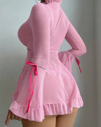 Ruffle Long Sleeve Sheer Mesh Chemise Babydoll Lingerie