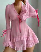 Ruffle Long Sleeve Sheer Mesh Chemise Babydoll Lingerie