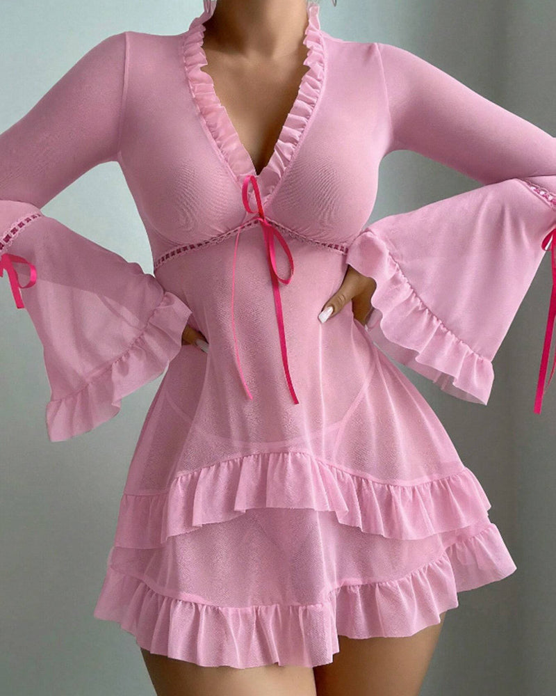 Ruffle Long Sleeve Sheer Mesh Chemise Babydoll Lingerie