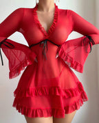 Ruffle Long Sleeve Sheer Mesh Chemise Babydoll Lingerie