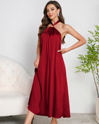 Satin Halter Maxi Dress O-Ring Backless Slip Nightgown