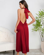 Satin Halter Maxi Dress O-Ring Backless Slip Nightgown