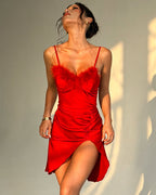 Feather Trim Satin Slip Dress Ruched High Slit Party Dress