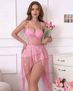 Rhinestone Underwire Babydoll Lingerie Sheer Asymmetric Hem
