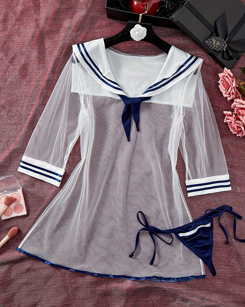 Sailor Costume Lingerie Set Sheer Mesh Dress with Thong
