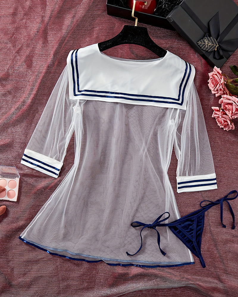 Sailor Costume Lingerie Set Sheer Mesh Dress with Thong
