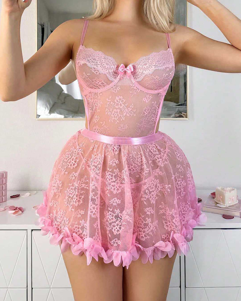 Floral Lace Babydoll Lingerie with Petal Ruffle Hem and Thong