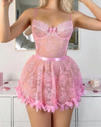 Floral Lace Babydoll Lingerie with Petal Ruffle Hem and Thong