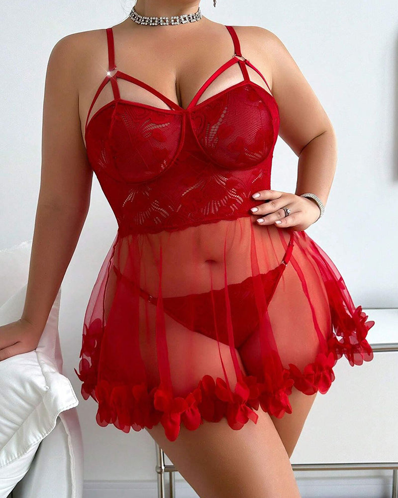 Plus Size Lace Babydoll Lingerie with Mesh Skirt and Garter