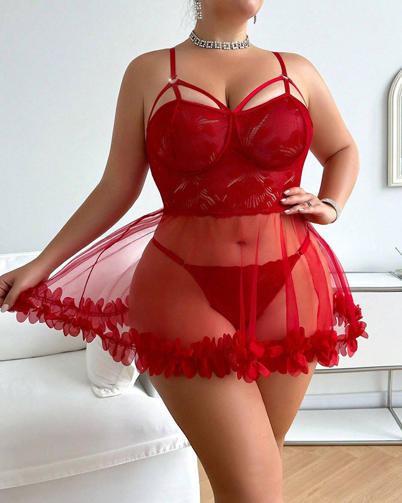 Plus Size Lace Babydoll Lingerie with Mesh Skirt and Garter