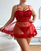 Plus Size Lace Babydoll Lingerie with Mesh Skirt and Garter
