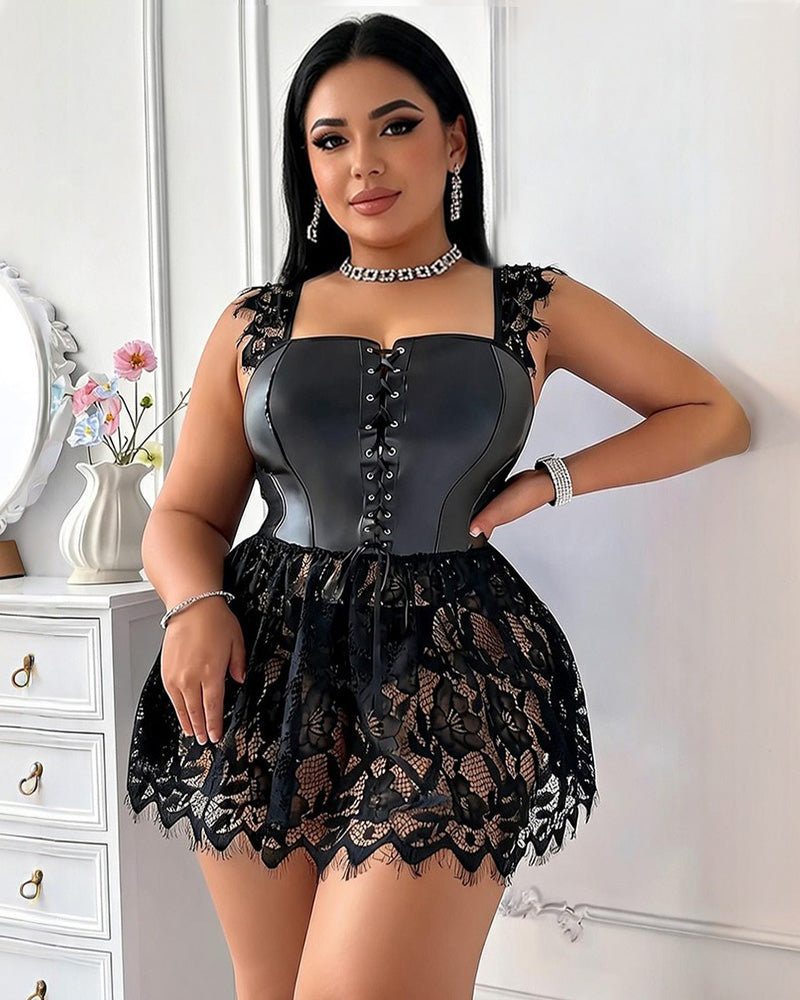 Plus Size Faux Leather Corset Lingerie with Lace Skirt