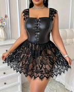 Plus Size Faux Leather Corset Lingerie with Lace Skirt