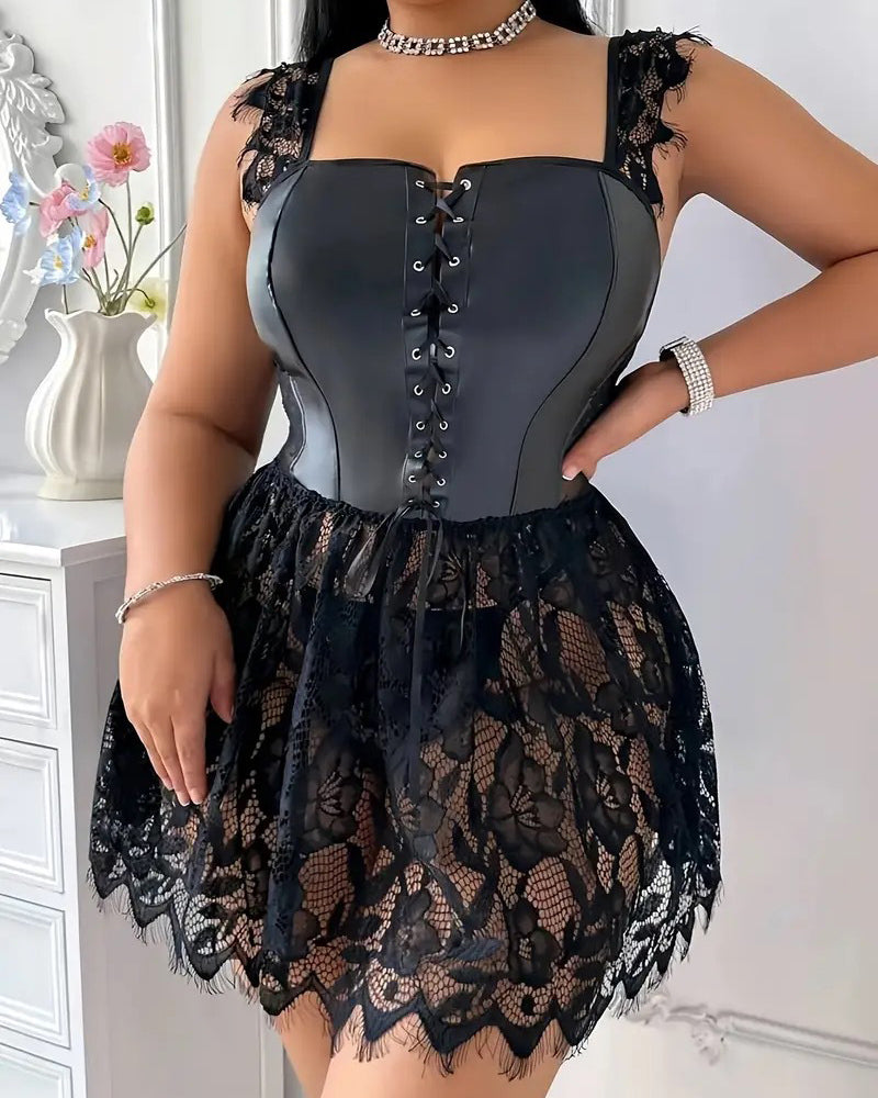 Plus Size Faux Leather Corset Lingerie with Lace Skirt
