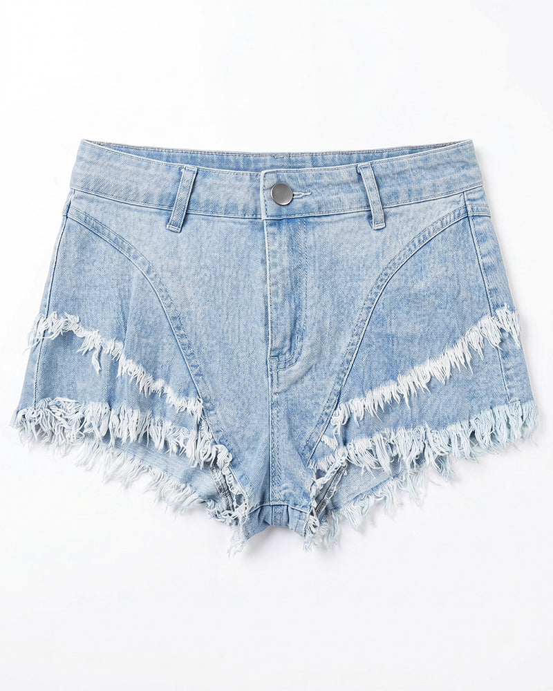 Low Rise Denim Hot Shorts with Frayed Hem