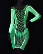 Glow in the Dark Mesh Bodysuit - Luminous Cutout Sleeveless Bodycon