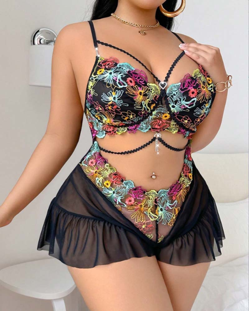 Floral Lace Tie Knot Bodysuit with Spaghetti Straps