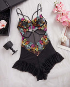 Floral Lace Tie Knot Bodysuit with Spaghetti Straps