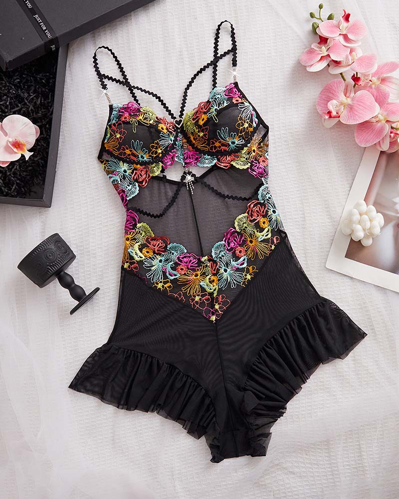 Floral Lace Tie Knot Bodysuit with Spaghetti Straps