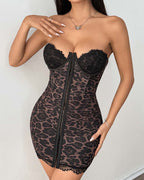 Leopard Print Lace Trim Sleeveless Chemise Mini Dress