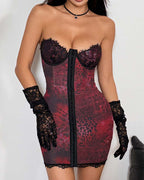 Leopard Print Lace Trim Sleeveless Chemise Mini Dress