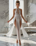 Halter Neck Floral Lace Top Sheer Mesh Maxi Skirt Lingerie Dress