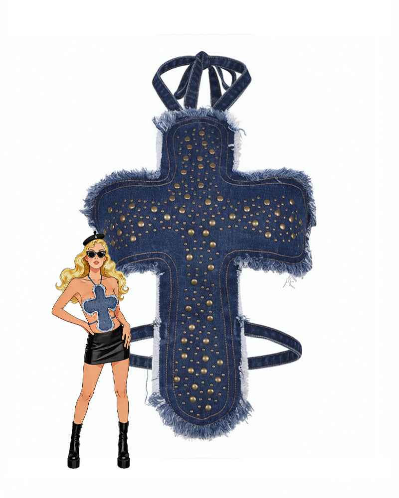 Denim Cross Studded Halter Crop Top ¡§C Frayed Fringe Halter Top