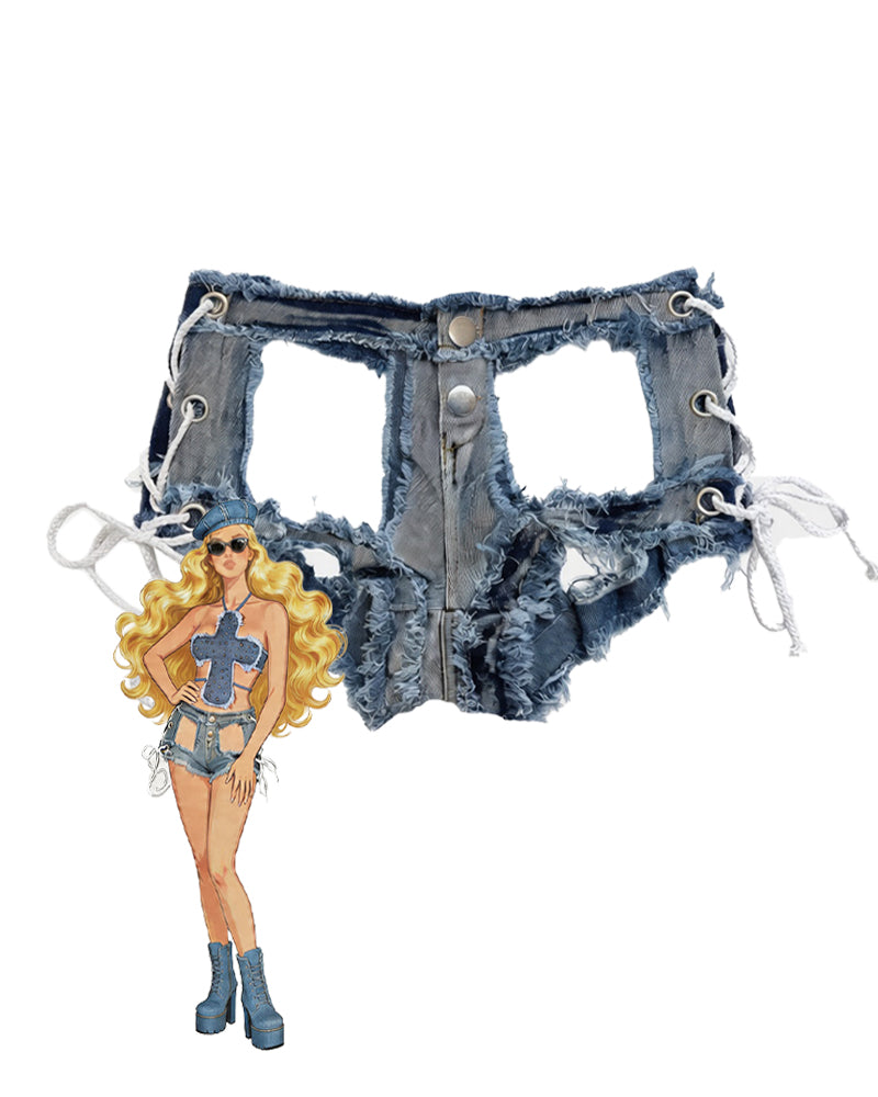 Distressed Lace-Up Denim Cheeky Shorts ¡§C Ripped Festival Micro Hot Pants
