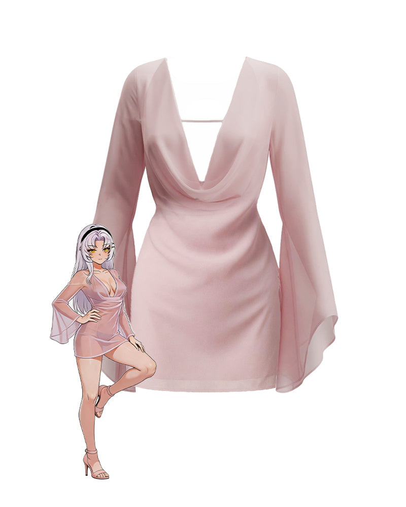 Chiffon Plunging Draped Sheer Mini Dress